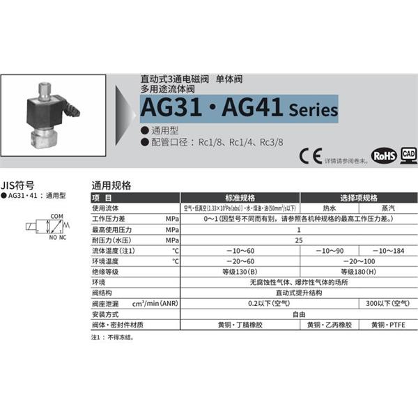 CKD喜開理多種流體直動式2通電磁集成閥AG31-01-2-DC 100V