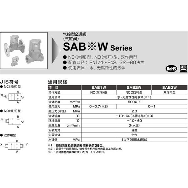 CKD喜開理氣控型2通閥（氣缸閥）SAB3W-8A-0B