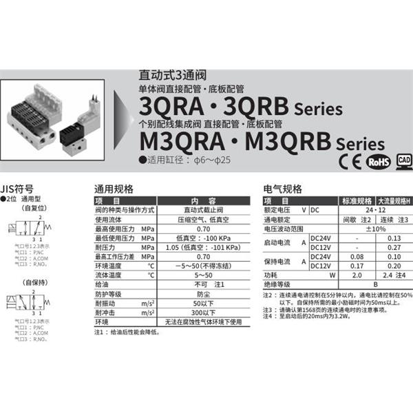 CKD喜開理直動式3通電磁閥3QRA119-M5-D20H-4