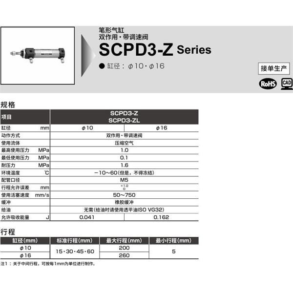 CKD喜開理筆形氣缸SCOD3-Z-LS-10-250-Y