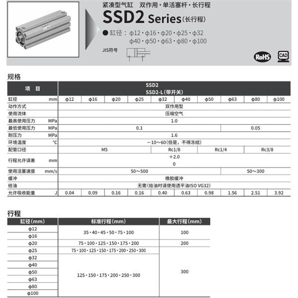 CKD喜開理緊湊型氣缸SSD2-L-180-100-T0H-R-N