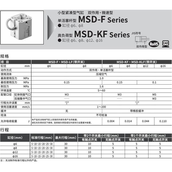 CKD喜開理小型緊湊型氣缸MSD-LF-6-15-F2V-R