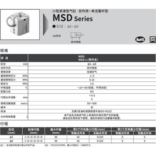 CKD喜開理小型帶線性導軌緊湊型氣缸MSD-6-10-R
